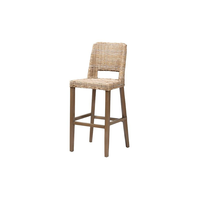 Magy Modern Bohemian Grey Kubu Rattan and Mahogany Wood Bar Stool