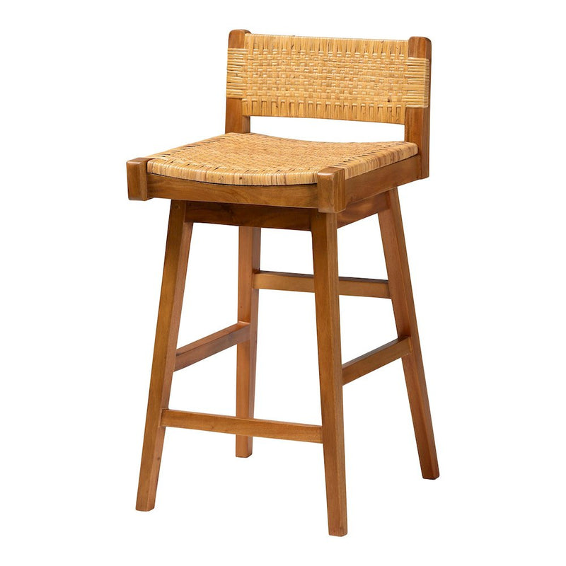 Asgart Bohemian Natural Rattan and Mahogany Wood Bar Stool