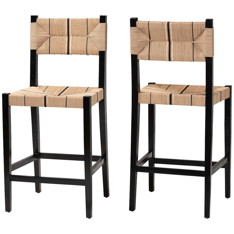 Prita Bohemian Paper Loom and Black Mahogany Wood 2-Piece Bar Stool Set