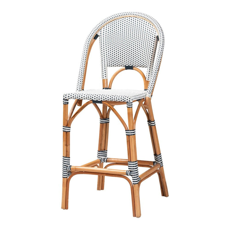 Two-Tone Navy and White Weaving and Natural Rattan Bar Stool