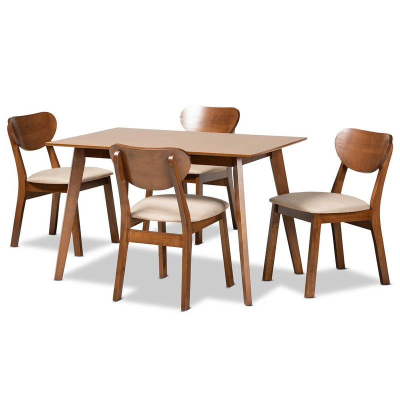 Sand Fabric Upholstered and Walnut Brown Finished Wood 5-Piece Dining Set