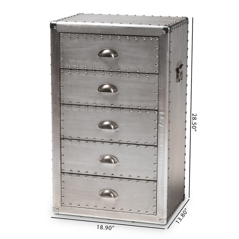 Davet French Industrial Silver Metal 5-Drawer Accent Storage Cabinet