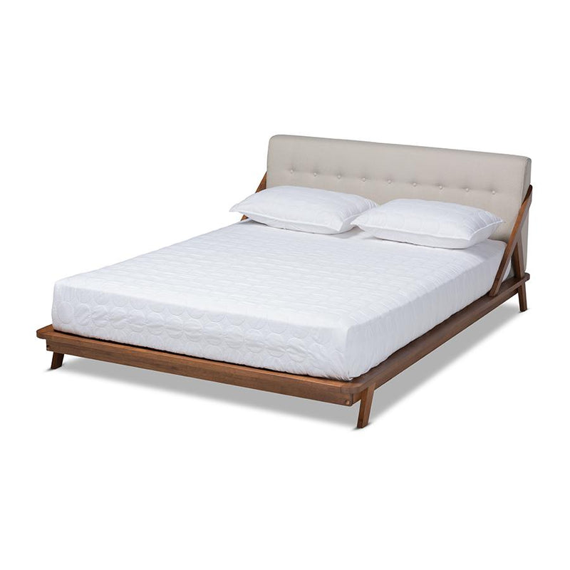 Light Beige Fabric Upholstered Wood Queen Size Platform Bed