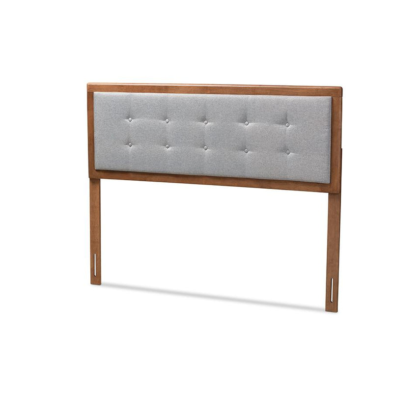 Light Grey Fabric Upholstered Walnut Brown Finished Wood Queen Size Headboard