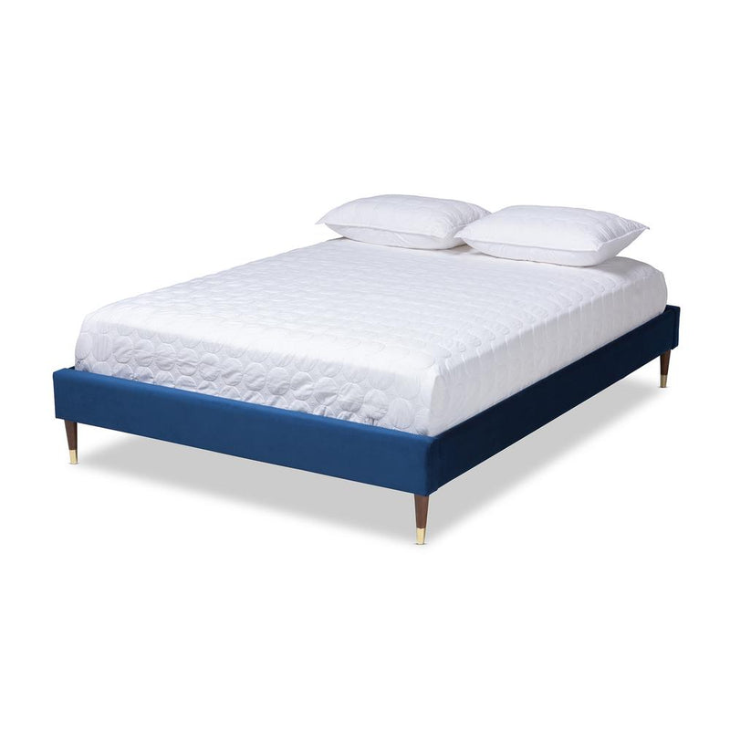 Baxton Studio Volden Glam and Luxe Navy Blue Velvet Fabric Upholstered Full Size Wood Platform Bed Frame with Gold-Tone Leg Tips