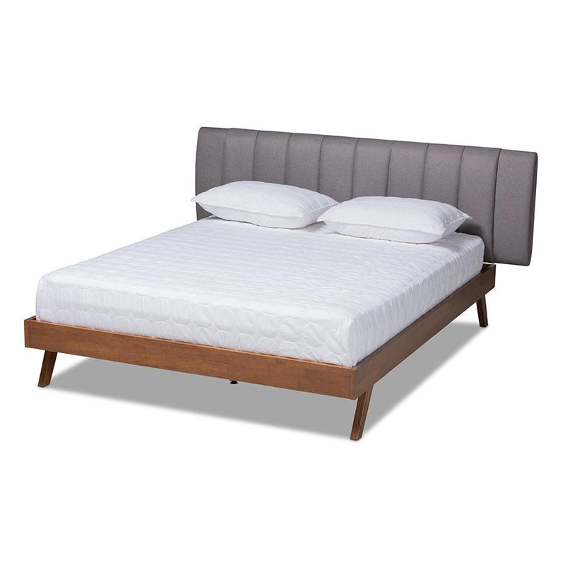 Grey Fabric Upholstered Walnut Finished Wood King Size Bed