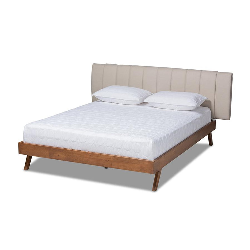 Light Beige Fabric Upholstered Walnut Finished Wood King Size Bed