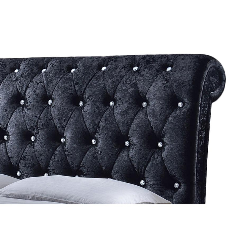 Castello Black Velvet Upholstered Faux Crystal-Buttoned Sleigh King Platform Bed