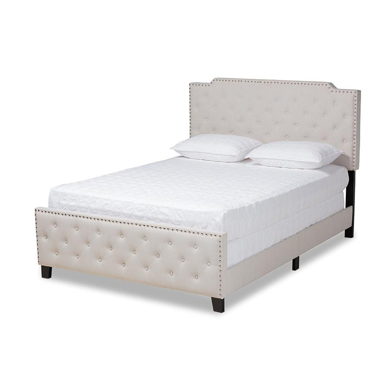 Transitional Beige Fabric Upholstered Button Tufted Queen Size Panel Bed