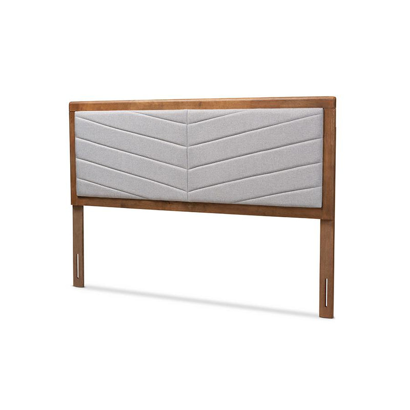 Light Grey Fabric Upholstered and Walnut Brown Finished Wood King Size Headboard