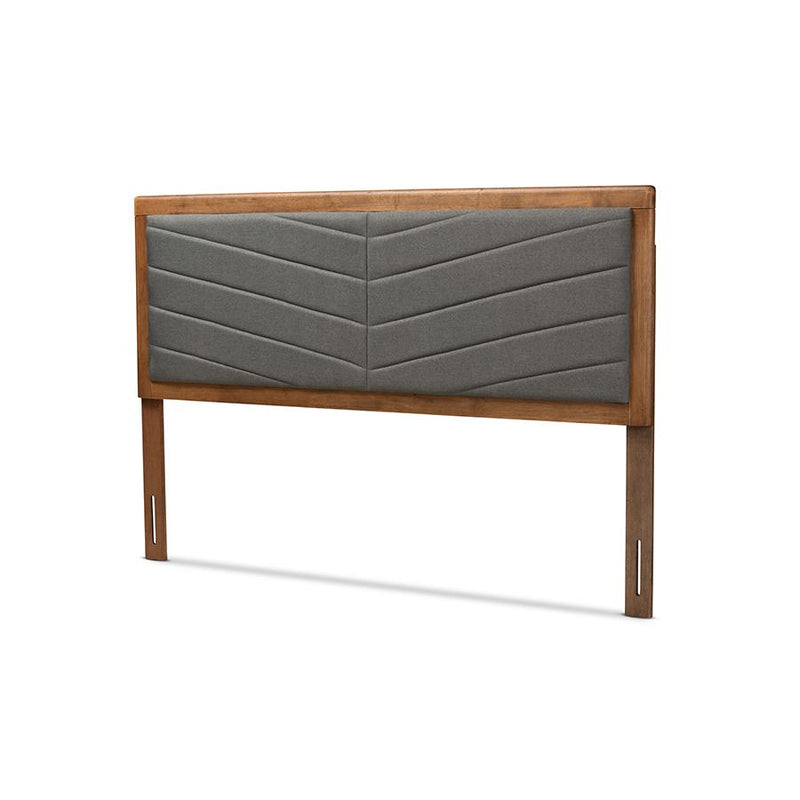 Dark Grey Fabric Upholstered and Walnut Brown Finished Wood King Size Headboard