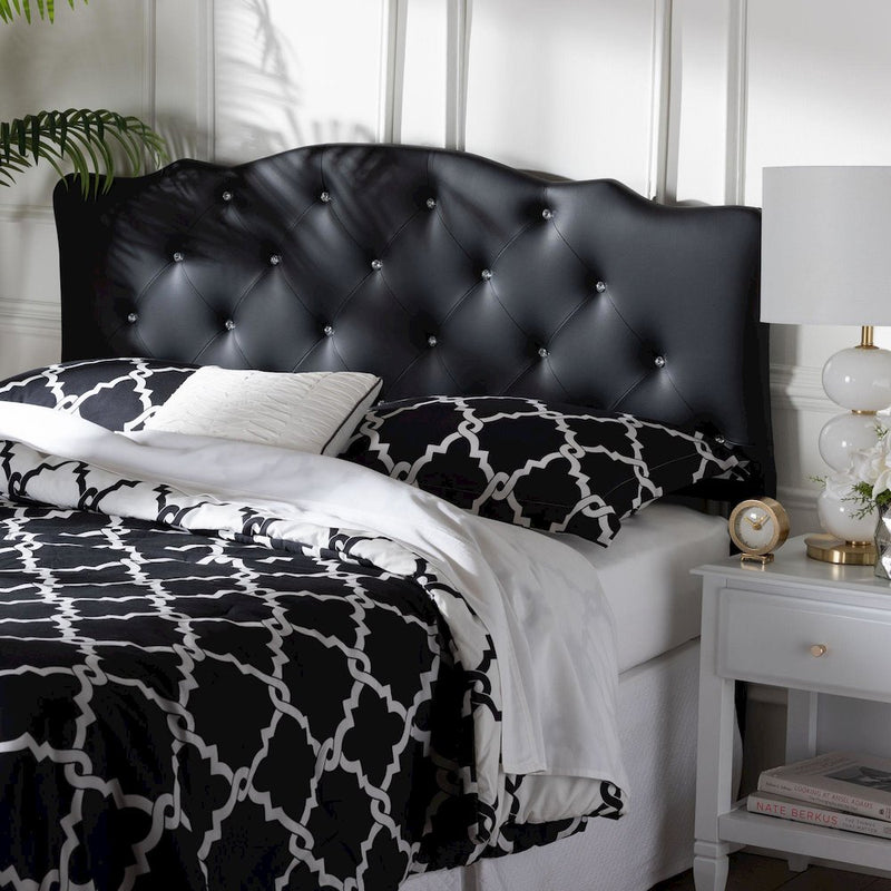 Queen Size Black Faux Leather Upholstered Button-tufted Scalloped Headboard