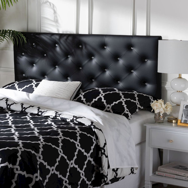 Black Faux Leather Upholstered Button-tufted Queen Size Headboard