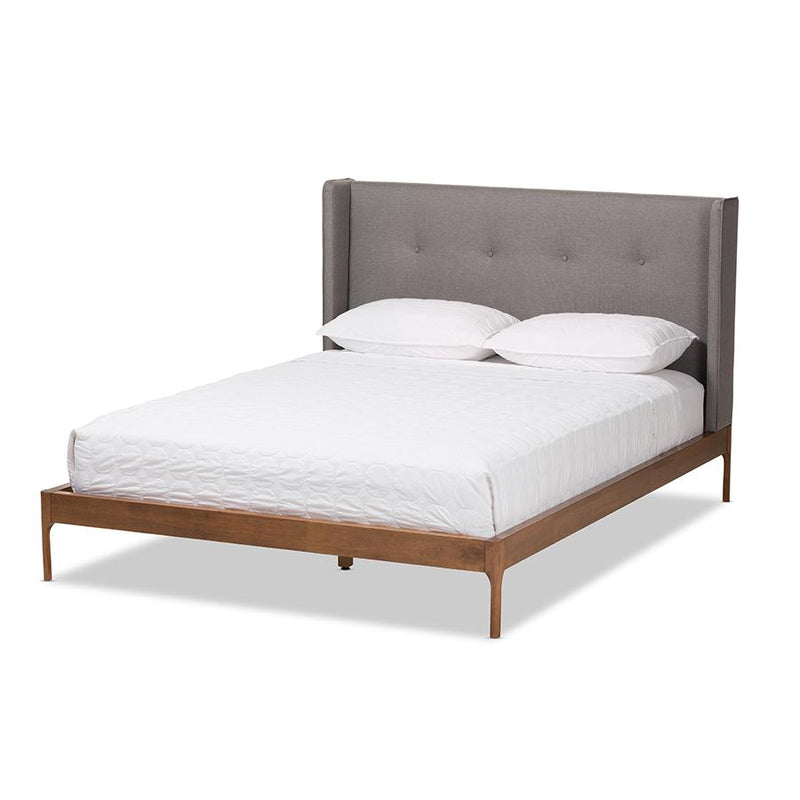 Brooklyn Mid-Century Modern Walnut Wood Grey Fabric King Size Platform Bed