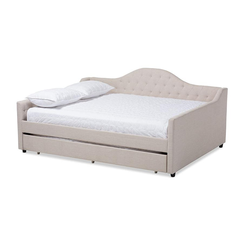 Light Beige Fabric Upholstered Queen Size Daybed with Trundle