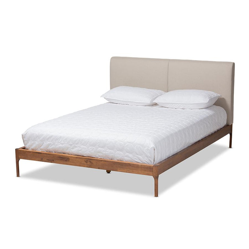 Beige Fabric Upholstered Walnut Finished Queen Size Platform Bed