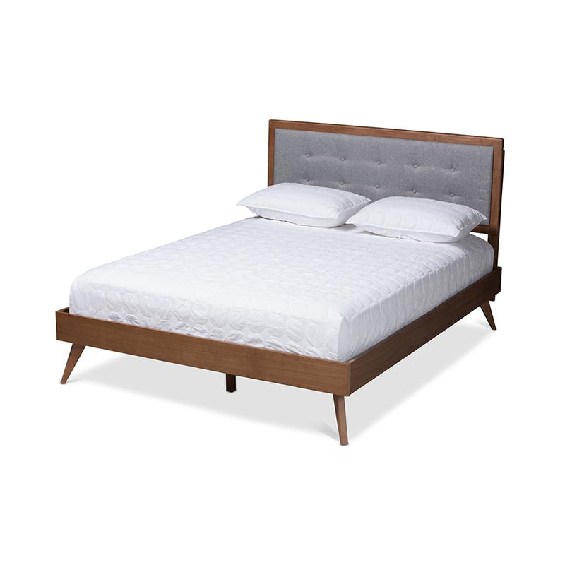 Light Grey Fabric Upholstered Walnut Brown Finished Wood King Size Platform Bed