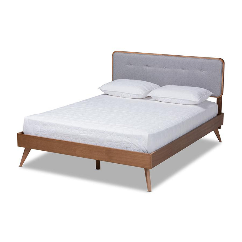 Light Grey Fabric Upholstered Walnut Brown Finished Wood King Size Platform Bed