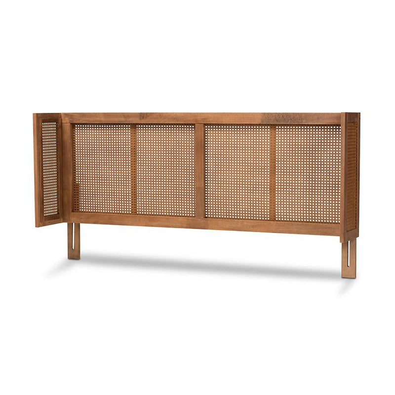 Ash Wanut Finished Wood and Synthetic Rattan Queen Size Wrap-Around Headboard