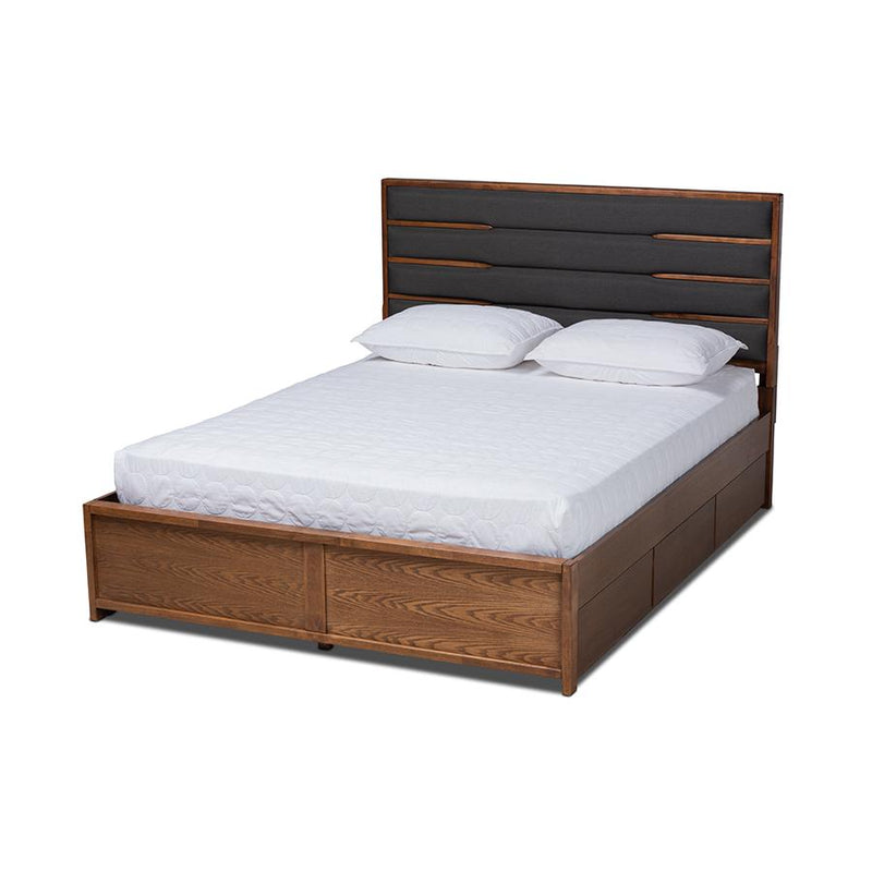 Walnut Finished Wood King Size Platform Storage Bed with Six Drawers