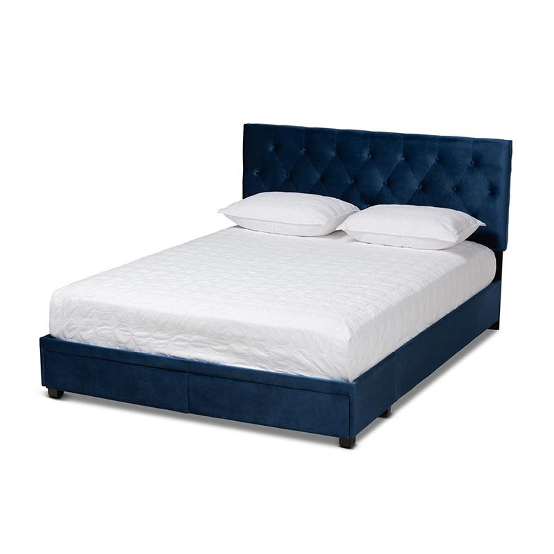 Navy Blue Velvet Fabric Upholstered 2-Drawer King Size Platform Storage Bed