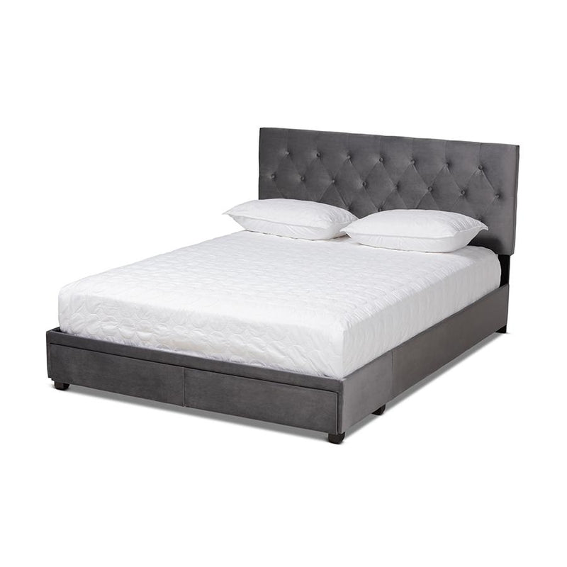 Grey Velvet Fabric Upholstered 2-Drawer King Size Platform Storage Bed