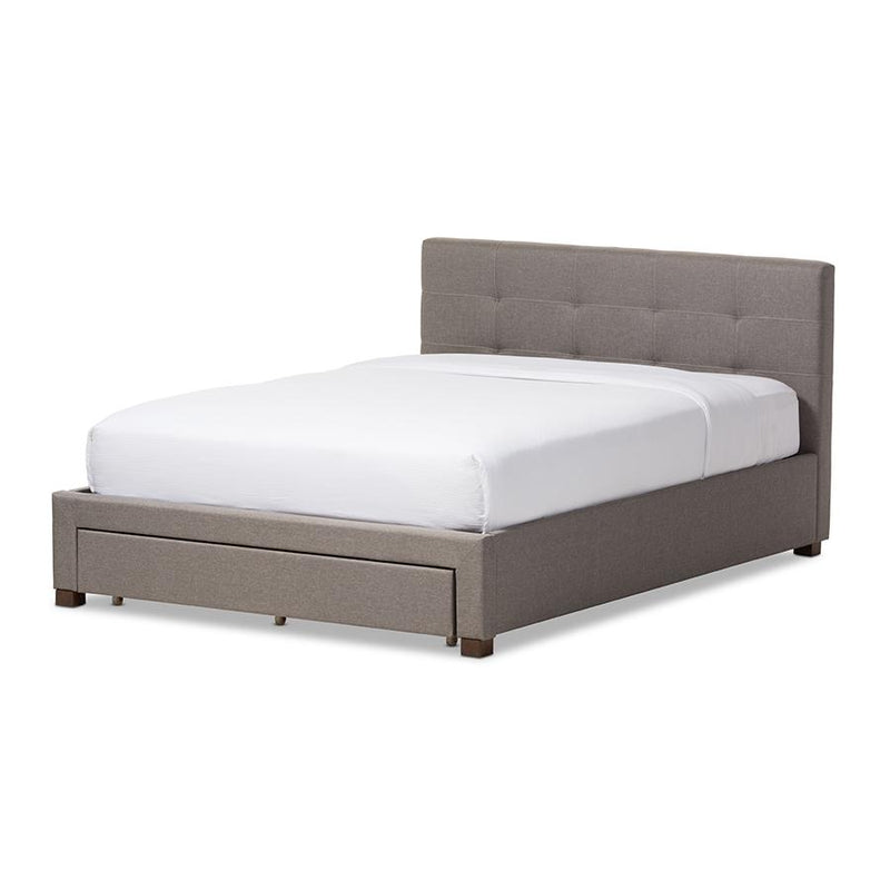 Grey Fabric Upholstered King Size Platform Bed with Storage Drawer