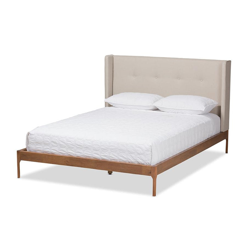 Brooklyn Mid-Century Modern Walnut Wood Beige Fabric King Size Platform Bed