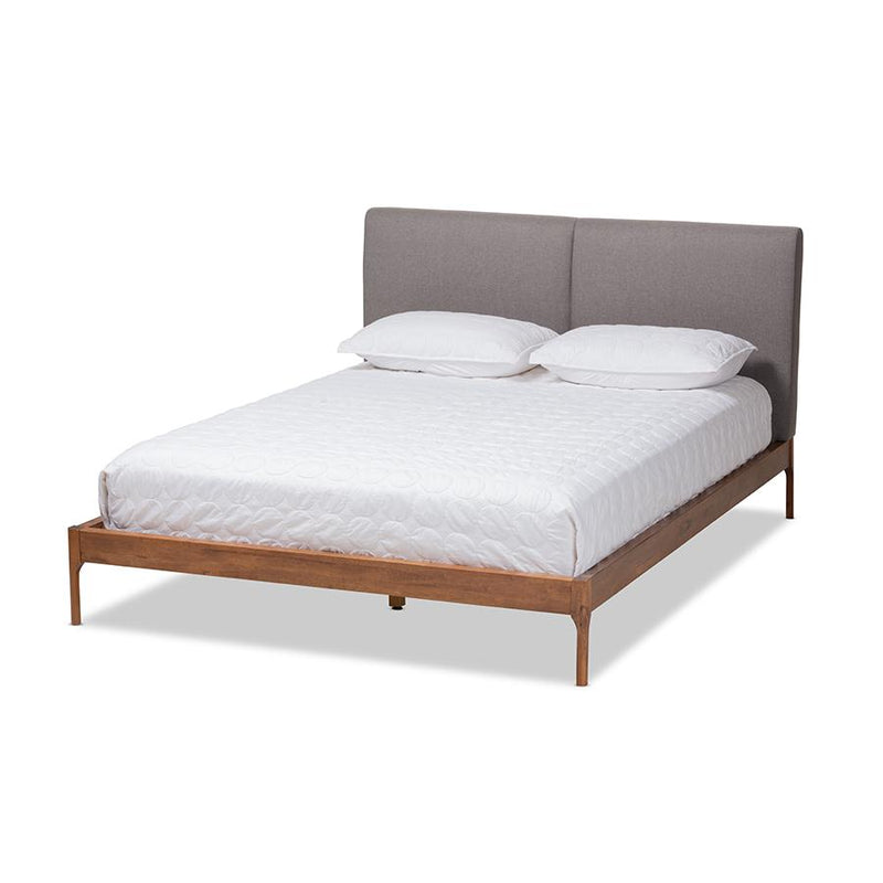 Grey Fabric Upholstered Walnut Finished King Size Platform Bed