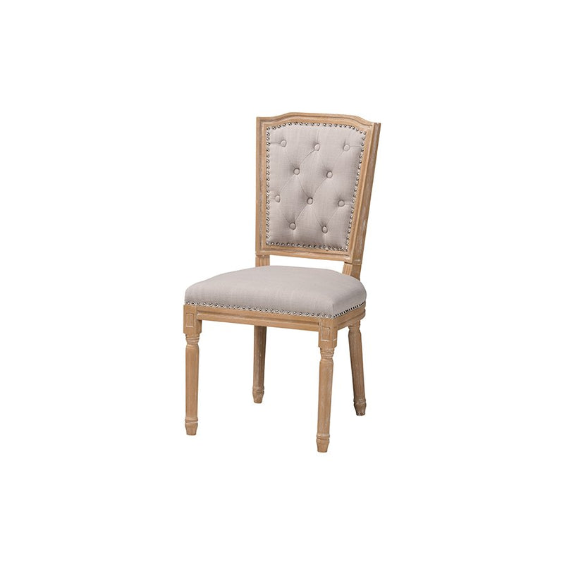 Cottage Weathered Oak Beige Fabric Button-tufted Upholstered Dining Chair