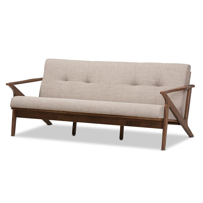 Bianca Mid-Century Modern Walnut Wood Light Grey Fabric Tufted 3-Seater Sofa