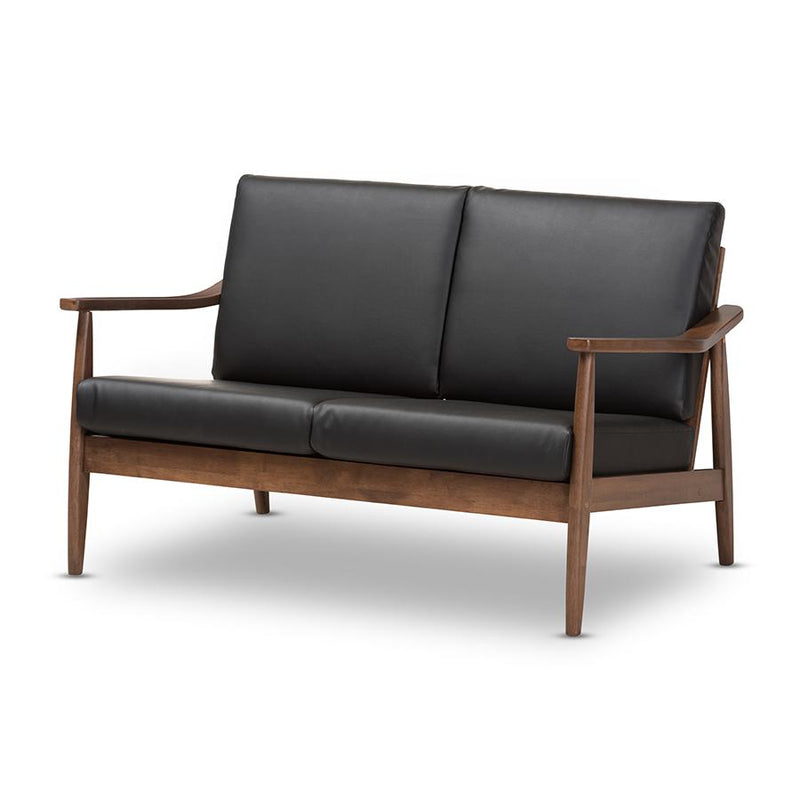 Venza Mid-Century Modern Walnut Wood Black Faux Leather 2-Seater Loveseat