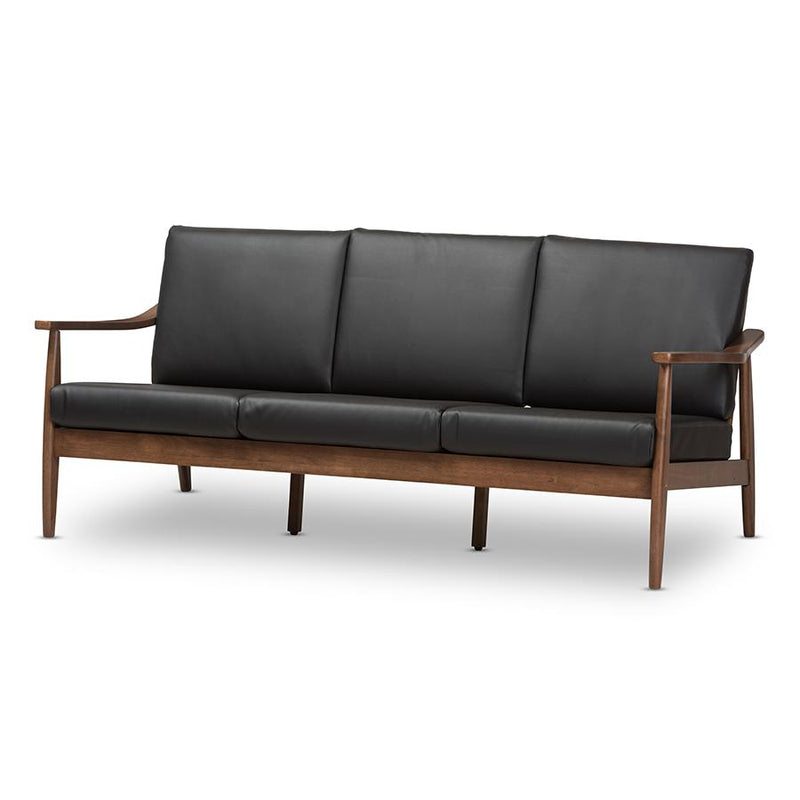 Venza Mid-Century Modern Walnut Wood Black Faux Leather 3-Seater Sofa