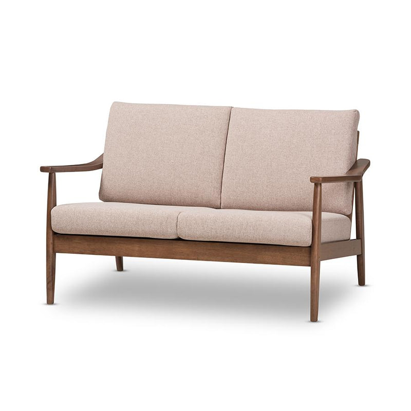 Walnut Wood Light Brown Fabric Upholstered 2-Seater Loveseat