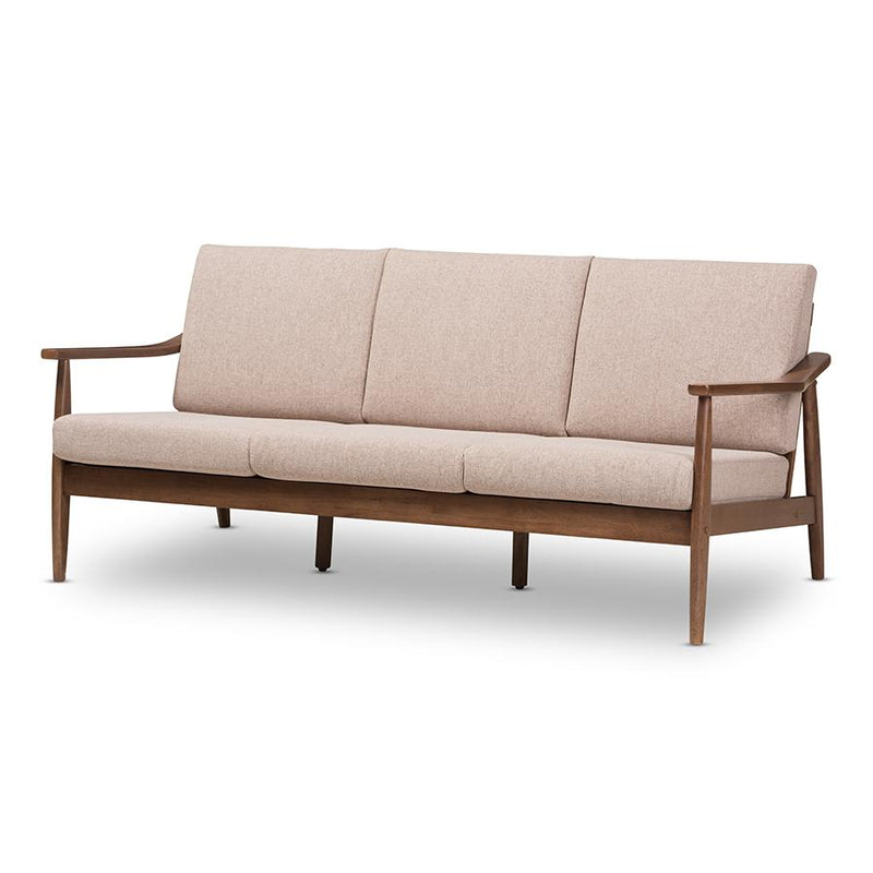 Walnut Wood Light Brown Fabric Upholstered 3-Seater Sofa