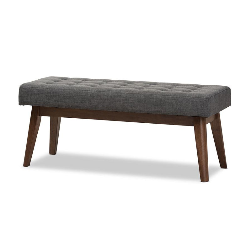 Elia Mid-Century Modern Walnut Wood Dark Grey Fabric Button-Tufted Bench