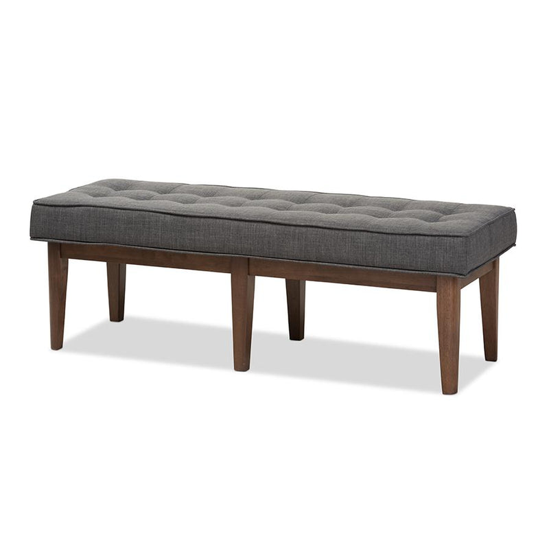 Lucca Mid-Century Modern Walnut Wood Dark Grey Fabric Button-Tufted Bench