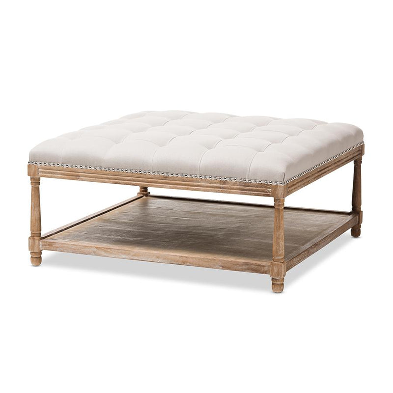 Carlotta French Country Weathered Oak Beige Linen Square Coffee Table Ottoman