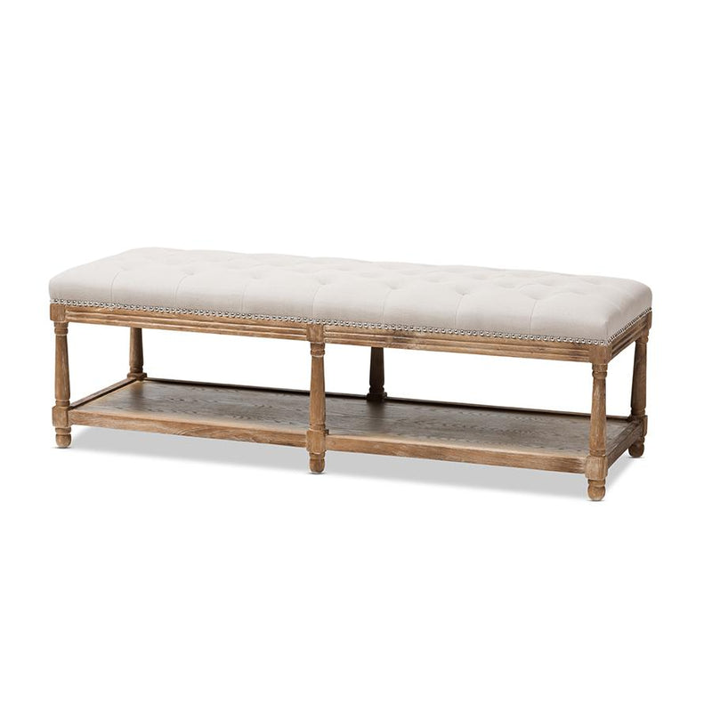 Celeste French Country Weathered Oak Beige Linen Upholstered Ottoman Bench