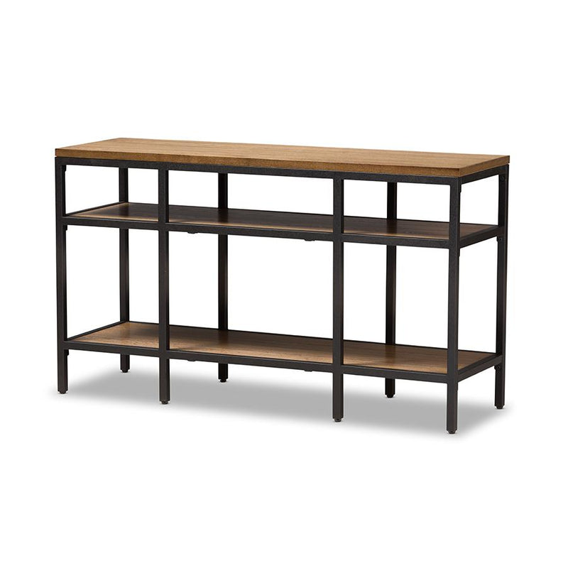 Oak Brown Finished Wood and Black Finished Metal Console Table