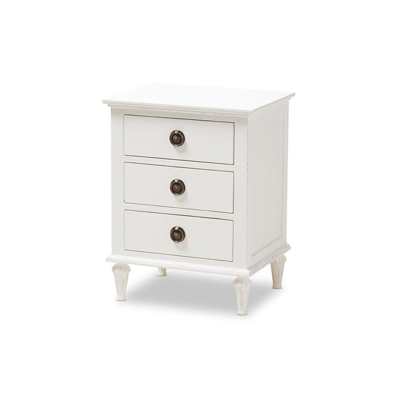 Baxton Studio Venezia French-Inspired Rustic Whitewash Wood 3-Drawer Nightstand