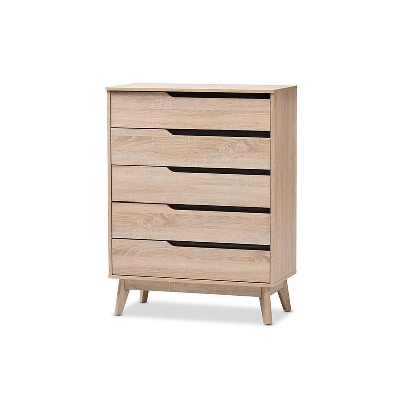 Baxton Studio Fella Mid-Century Modern Two-Tone Oak and Grey Wood 5-Drawer Chest