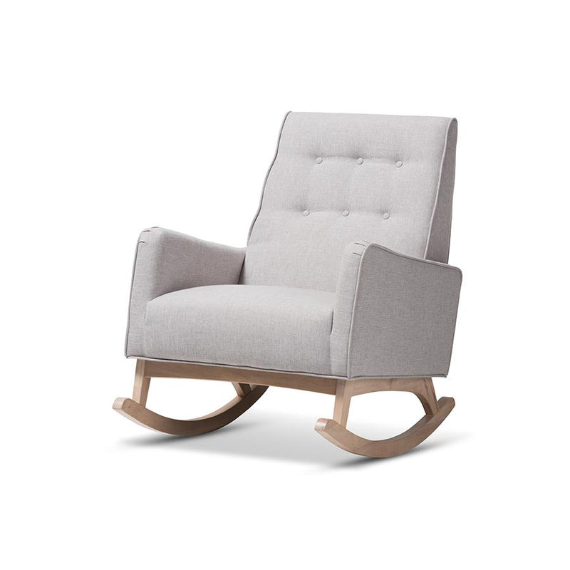 Greyish Beige Fabric Upholstered Whitewash Wood Rocking Chair