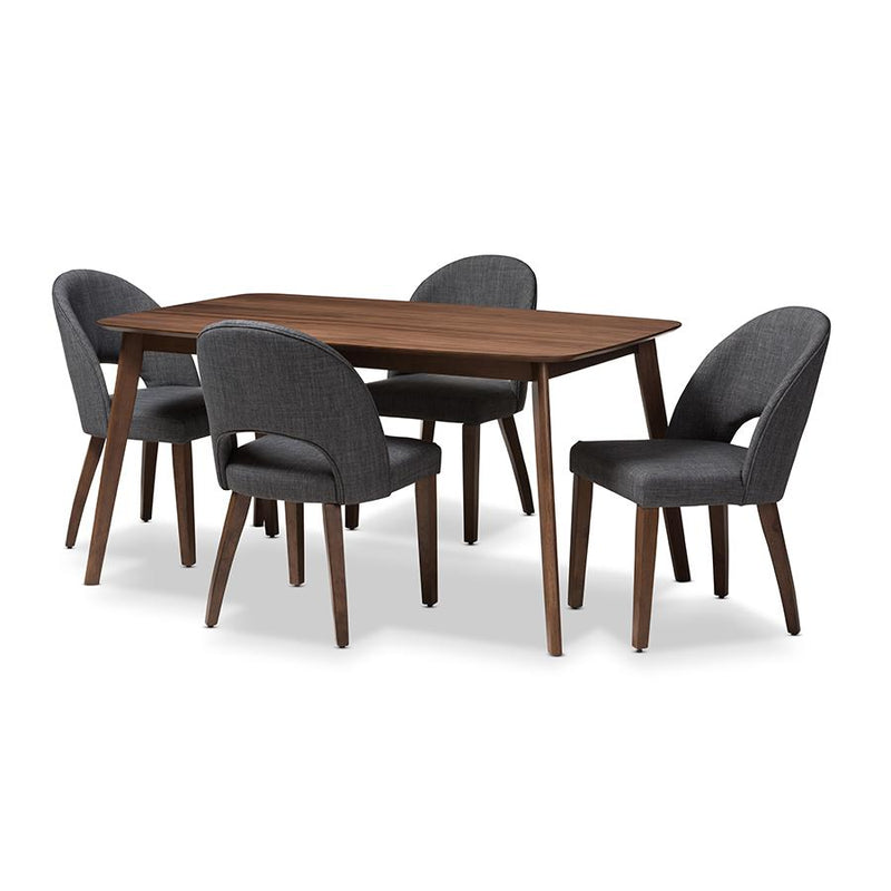 Dark Grey Fabric Upholstered Walnut Finished Wood 5-Piece Dining Set