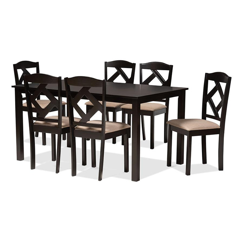 Ruth Sand Fabric Upholstered and Dark Brown Finished Wood 7-Piece Dining Set