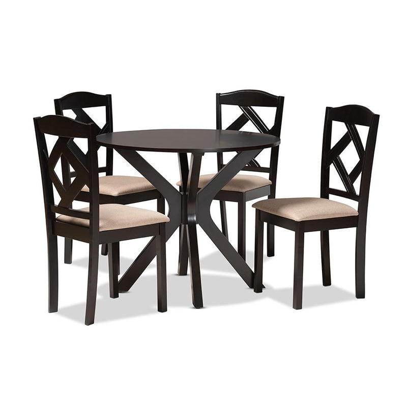 Carlin Sand Fabric Upholstered and Dark Brown Finished Wood 5-Piece Dining Set