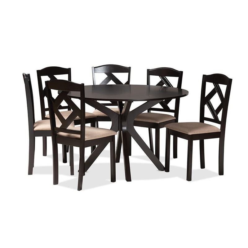 Carlin Sand Fabric Upholstered and Dark Brown Finished Wood 7-Piece Dining Set