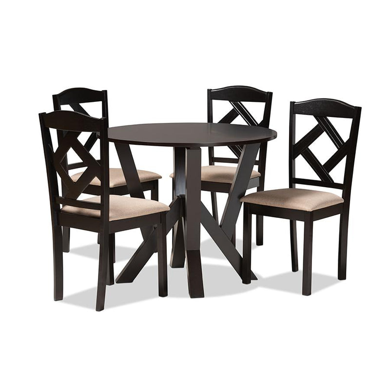 Riona Sand Fabric Upholstered and Dark Brown Finished Wood 5-Piece Dining Set