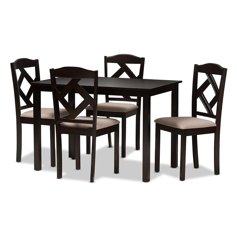 Beige Fabric Upholstered and Dark Brown Finished 5-Piece Dining Set