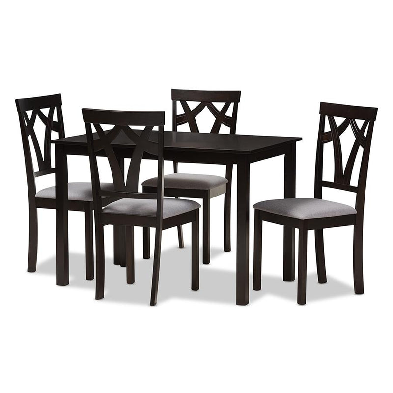 Grey Fabric Upholstered and Dark Brown Finished 5-Piece Dining Set